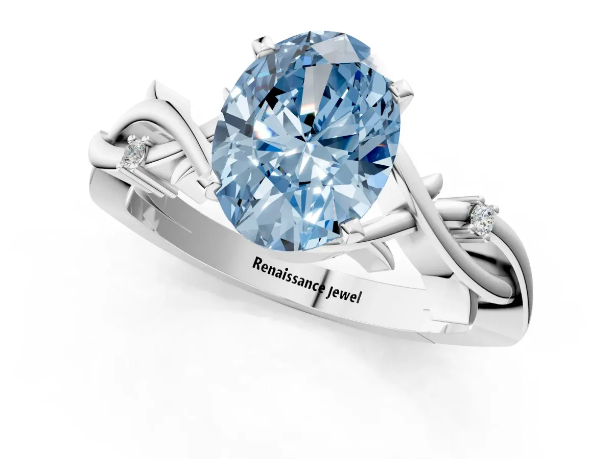 Fancy Blue Oval Cut Diamond Solitaire Ring with Twisted Band and Prong Setting Silver