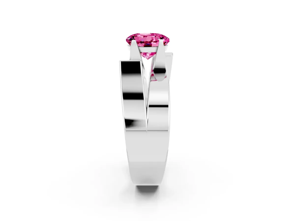 Modern Tension Set Round Cut Pink Sapphire Solitaire Wide Band Ring Silver
