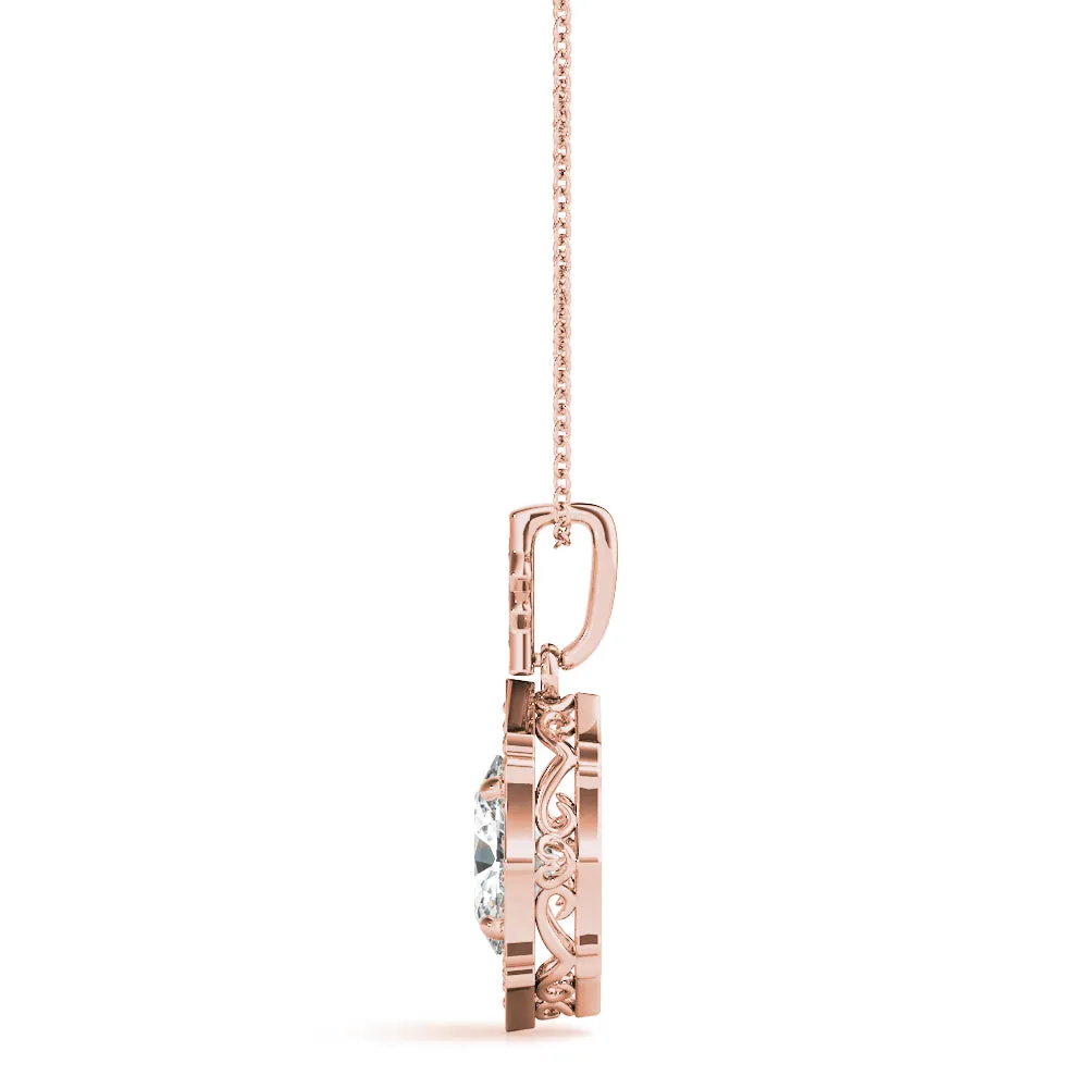 Oval Diamond Halo Pendant with Milgrain Prong Setting Rose gold