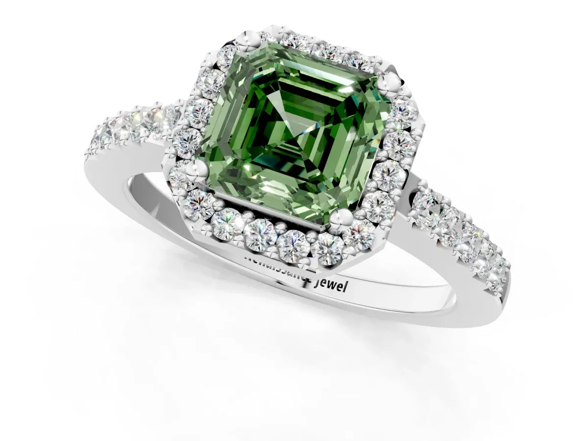 Fancy Green Asscher Cut Halo Diamond Pavé Solitaire Ring Silver