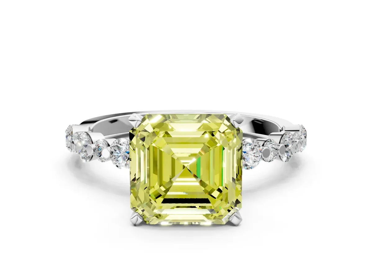 Fancy Yellow Asscher Cut Diamond Prong Set Engagement Ring with Pavé Band Platinum