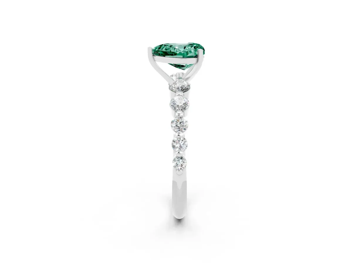 Heart Cut Solitaire Green Sapphire Ring with Pave Band and Four-Prong Setting Silver