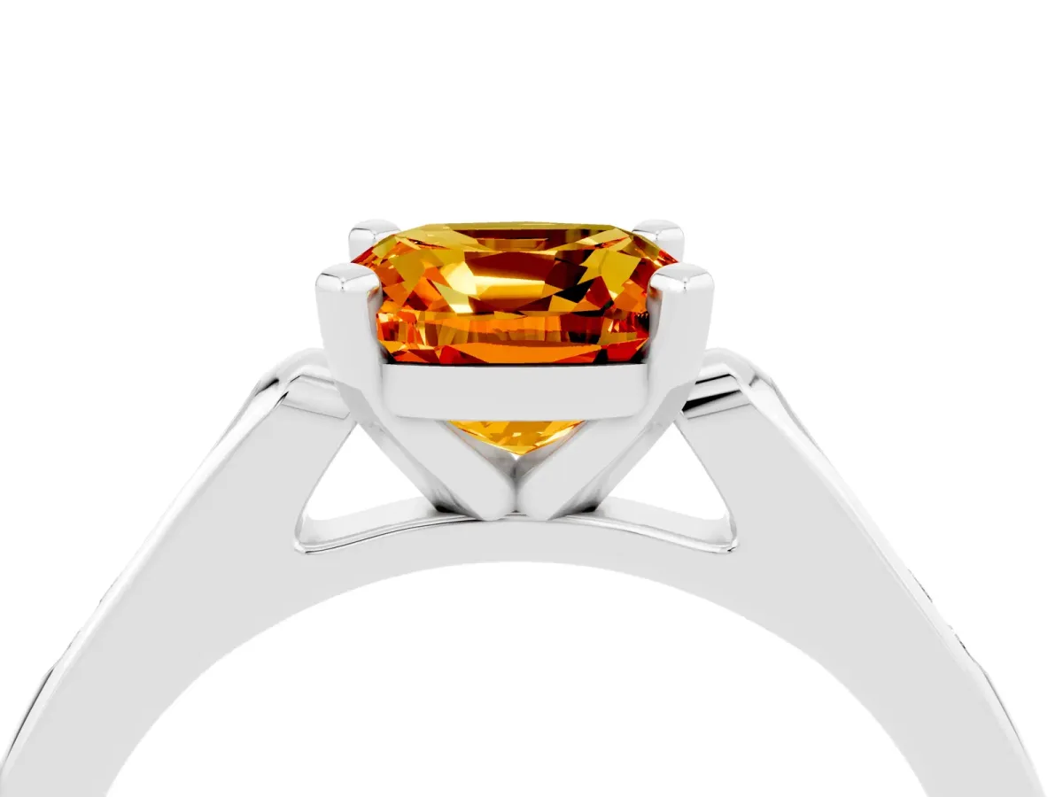 Cushion Cut Citrine Solitaire Ring with Channel Set Round Band and Prong Setting Silver