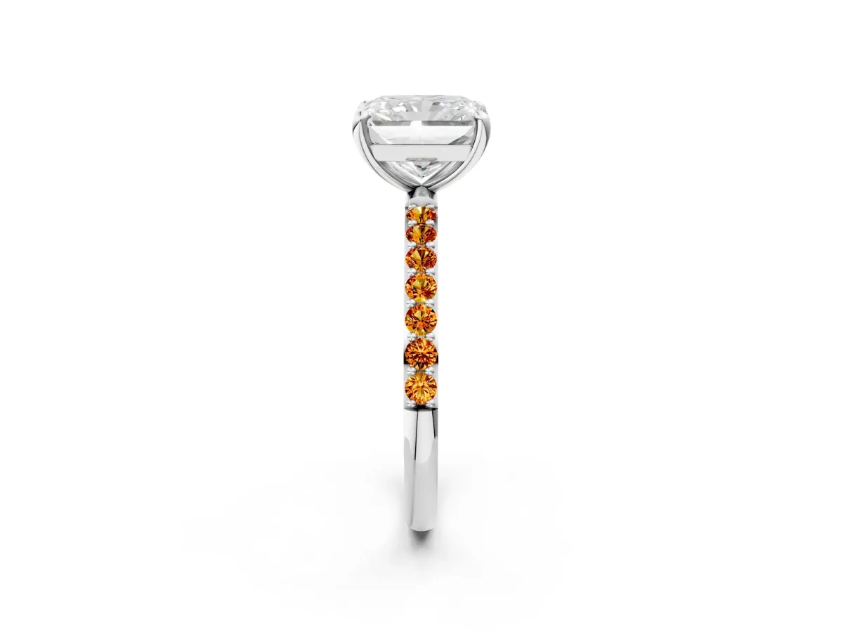 Radiant Cut Diamond Solitaire Ring with Round Citrine Pavé Band and Prong Setting Silver