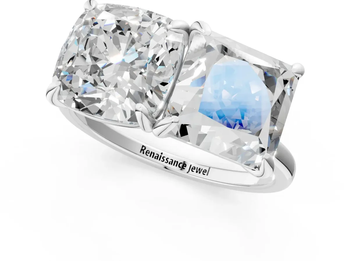 Cushion and Princess Toi Moi Ring with Prong Setting and Plain Band Silver