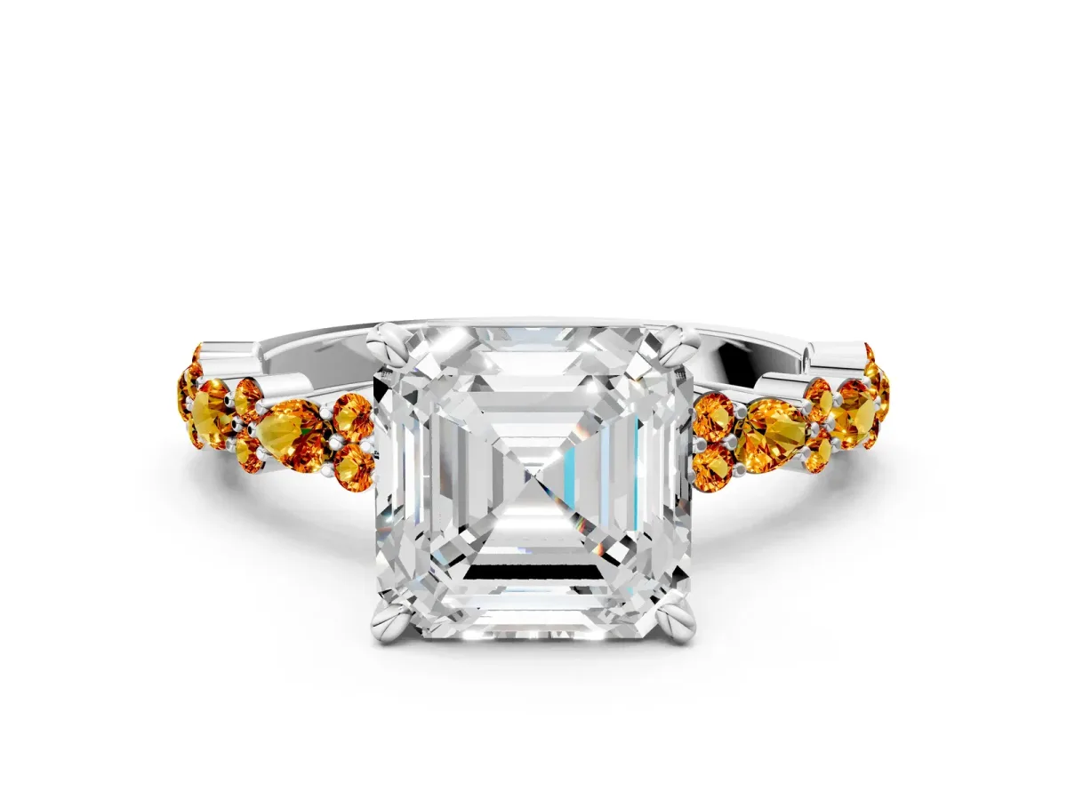 Asscher Cut Diamond Side Stone Solitaire Ring with Round Citrine and Four-Prong Setting Platinum