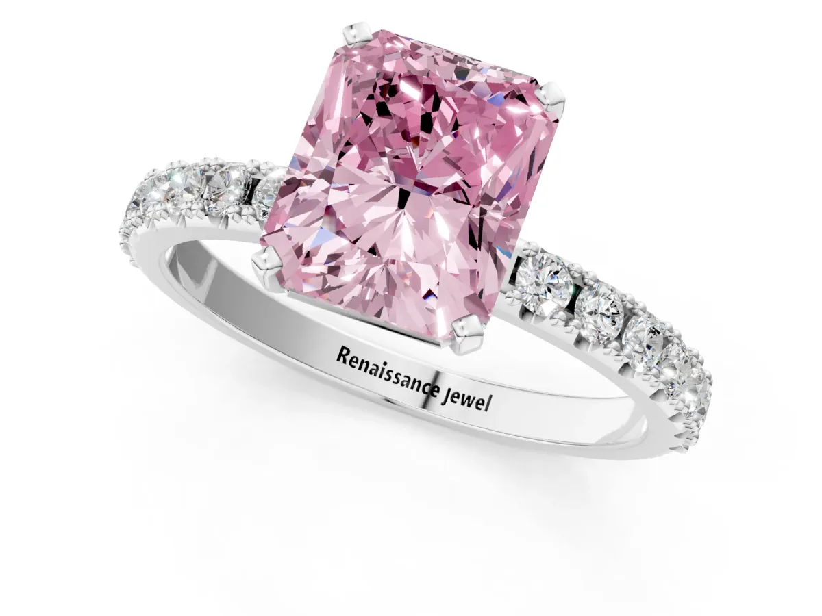 Fancy Pink Radiant Cut Diamond Solitaire Pavé Band with Four-Prong Setting Silver