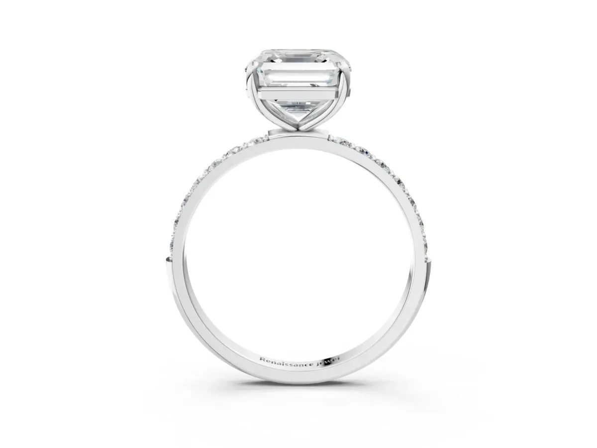 Asscher Cut Diamond Solitaire Ring with Round Pavé Band and Prong Setting Platinum