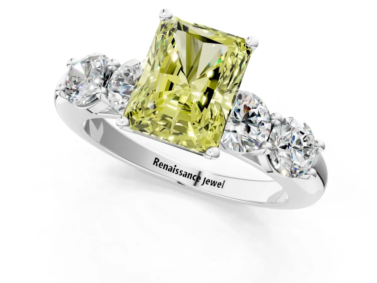 Fancy Yellow Radiant Cut Cut Five-Stone Prong Set Diamond Ring with Classic Band Platinum