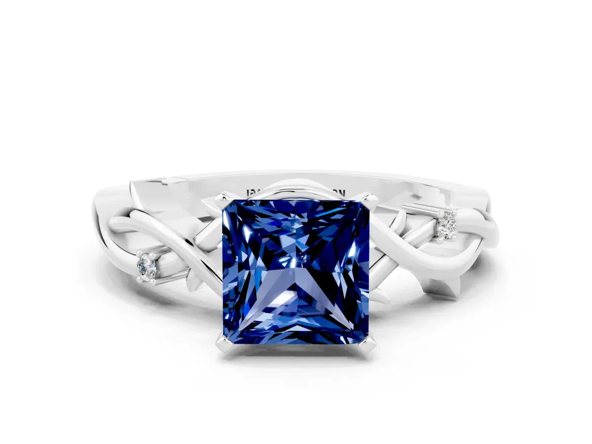 Princess Cut Blue Sapphire Solitaire Ring with Twisted Band and Prong Setting Silver