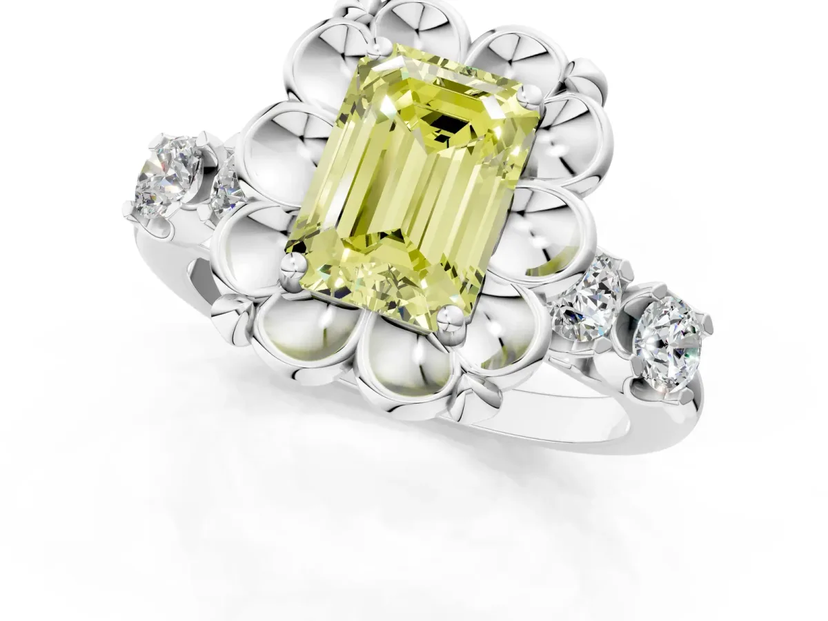 Fancy Yellow Emerald Cut Cut Diamond Floral Halo Engagement Ring with Shared Prong Setting Silver