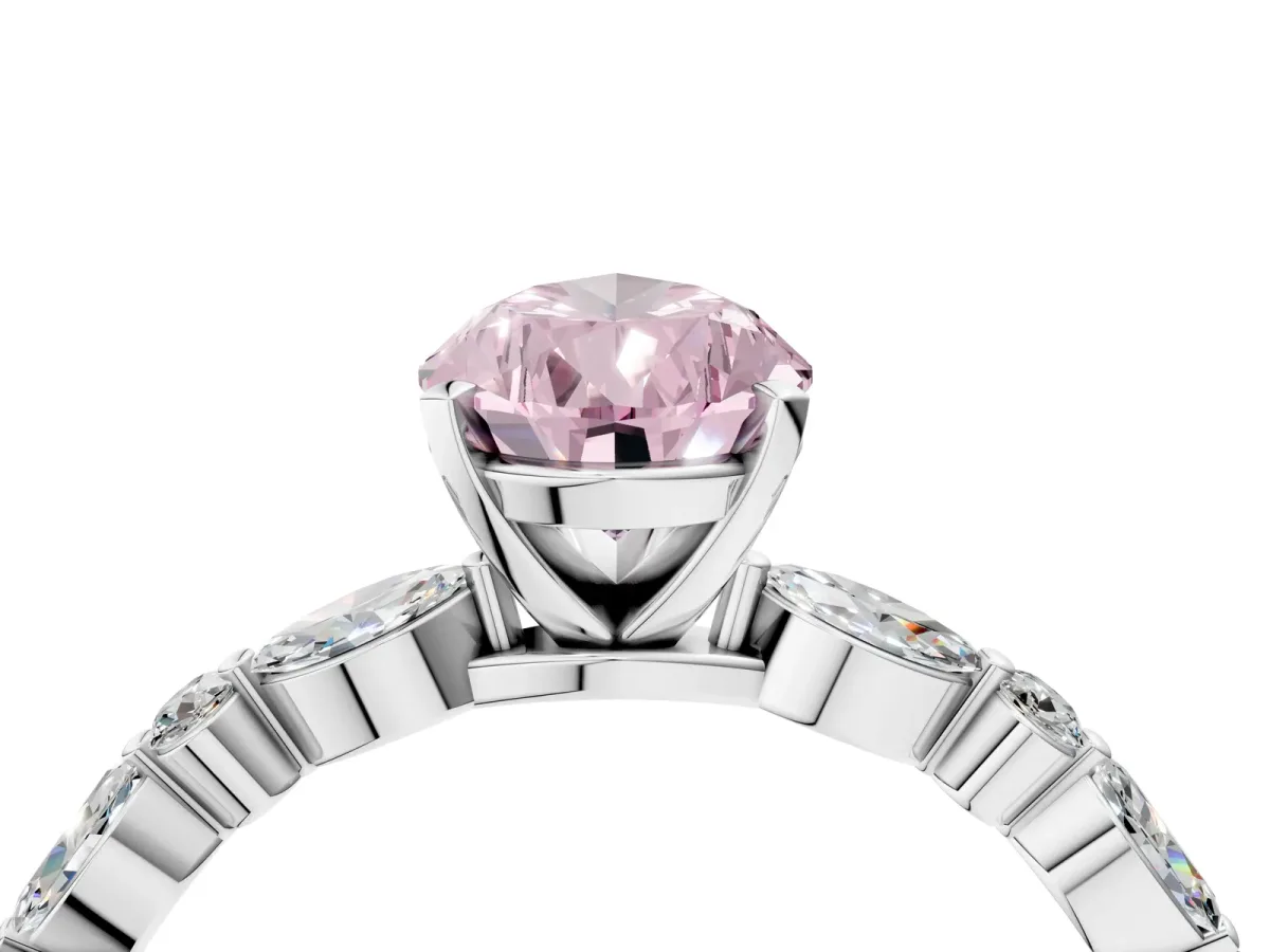 Fancy Pink Pear Cut Diamond Ring with Marquise and Round Side Stones and Four-Prong Setting Silver