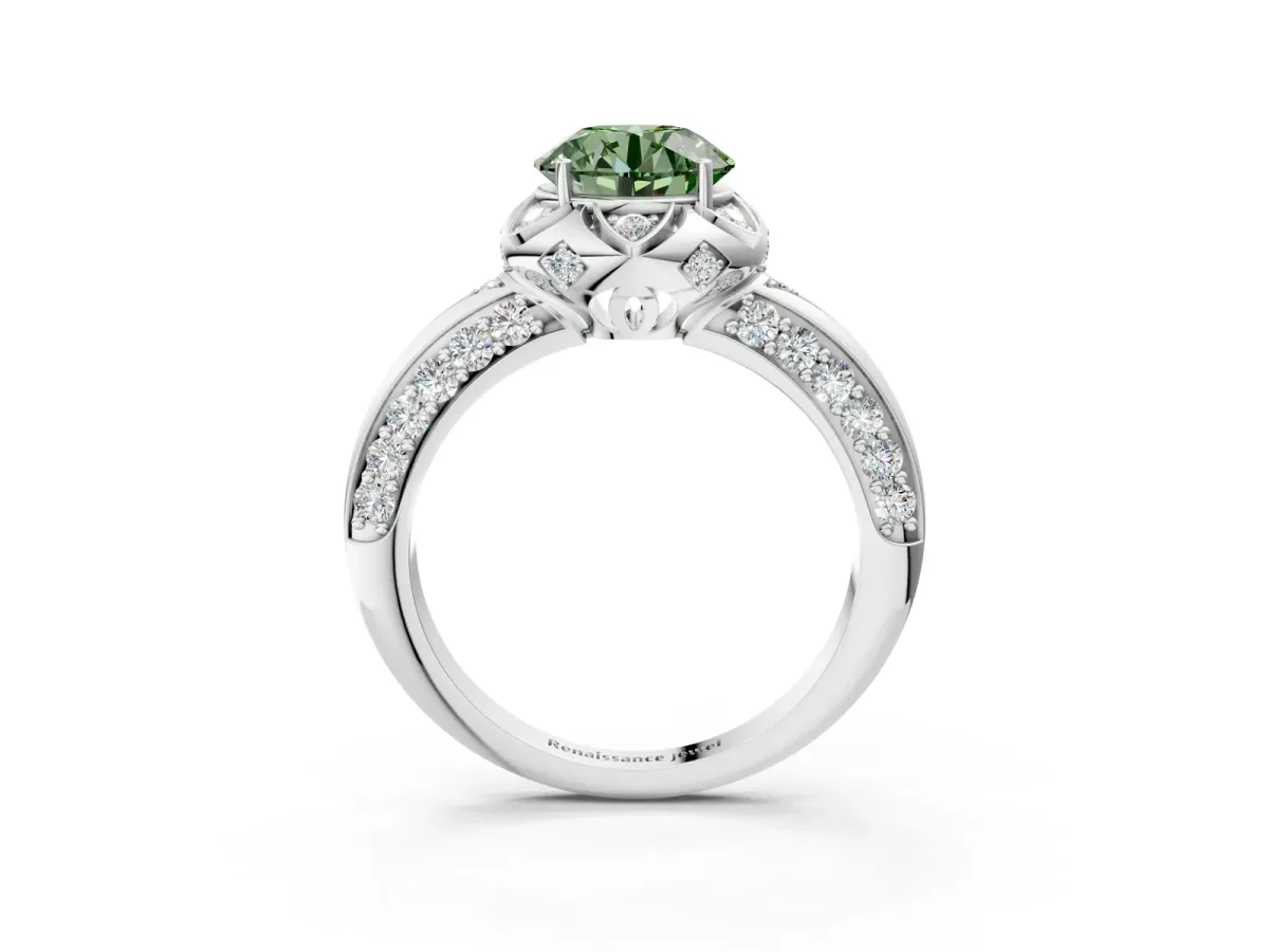 Fancy Green Round Cut Halo Split Shank Pave Diamond Ring with Petal Prong Setting Platinum