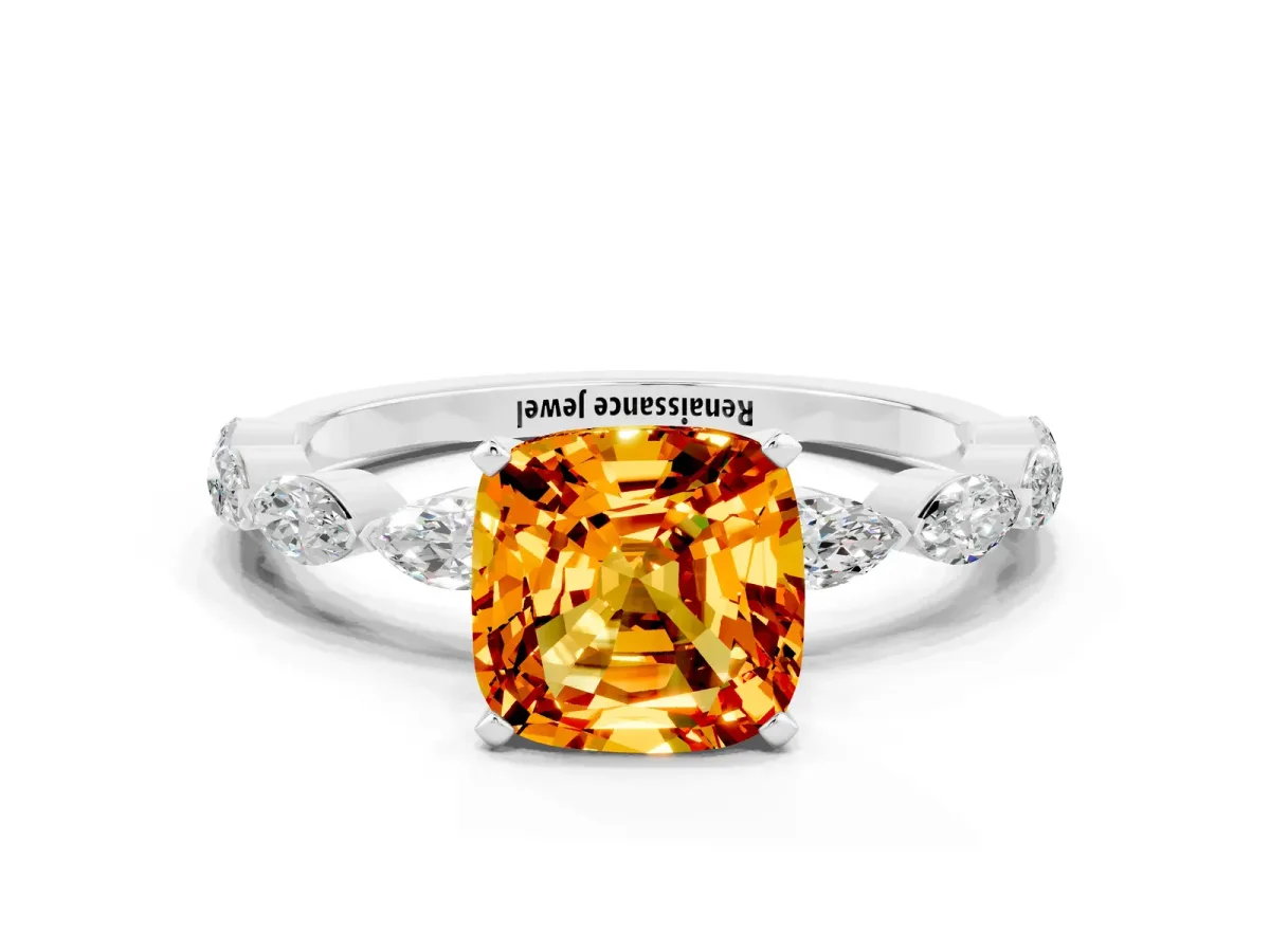 Cushion Cut Citrine Ring with Marquise Side Stones and Prong Setting Platinum