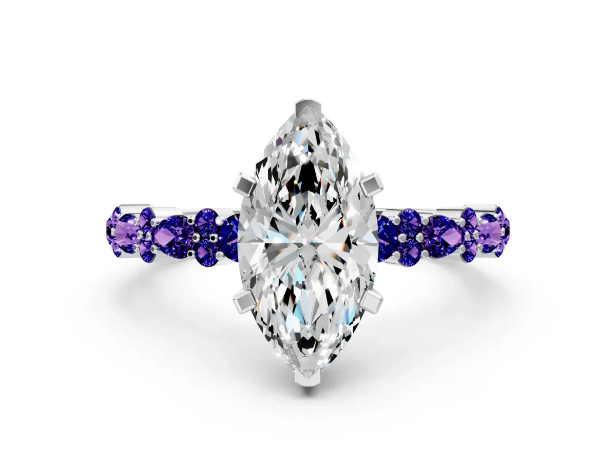 Marquise Cut Diamond Side Stone Solitaire Ring with Round Tanzanite and Four-Prong Setting Silver