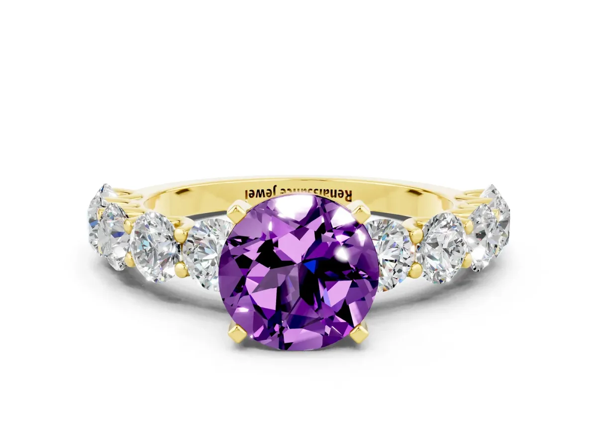 Round Cut Amethyst Prong Setting with Side Stones on a Pave Band Yellow gold
