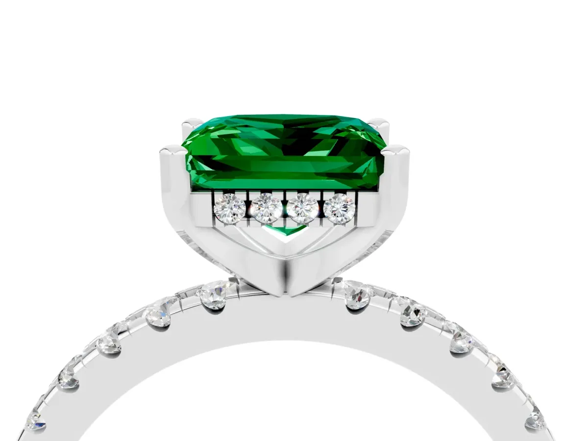 Princess Cut Emerald Solitaire Ring with Round Pavé Band and Four-Prong Setting Silver