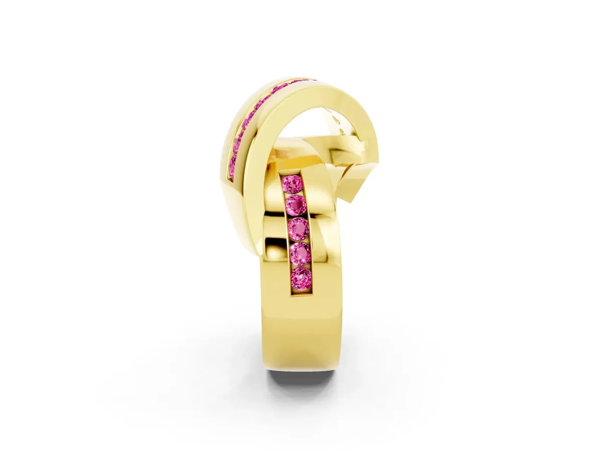 Pavé Round Pink Sapphire Crossover Band with Channel Setting Yellow gold