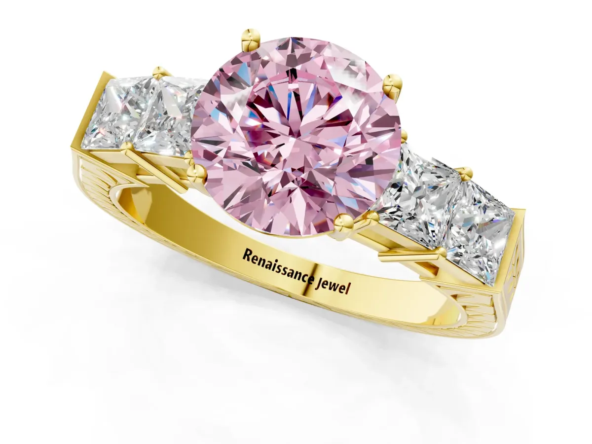 Fancy Pink Round Cut Solitaire Princess Side Stone Engraved Band Prong Setting Ring Yellow gold