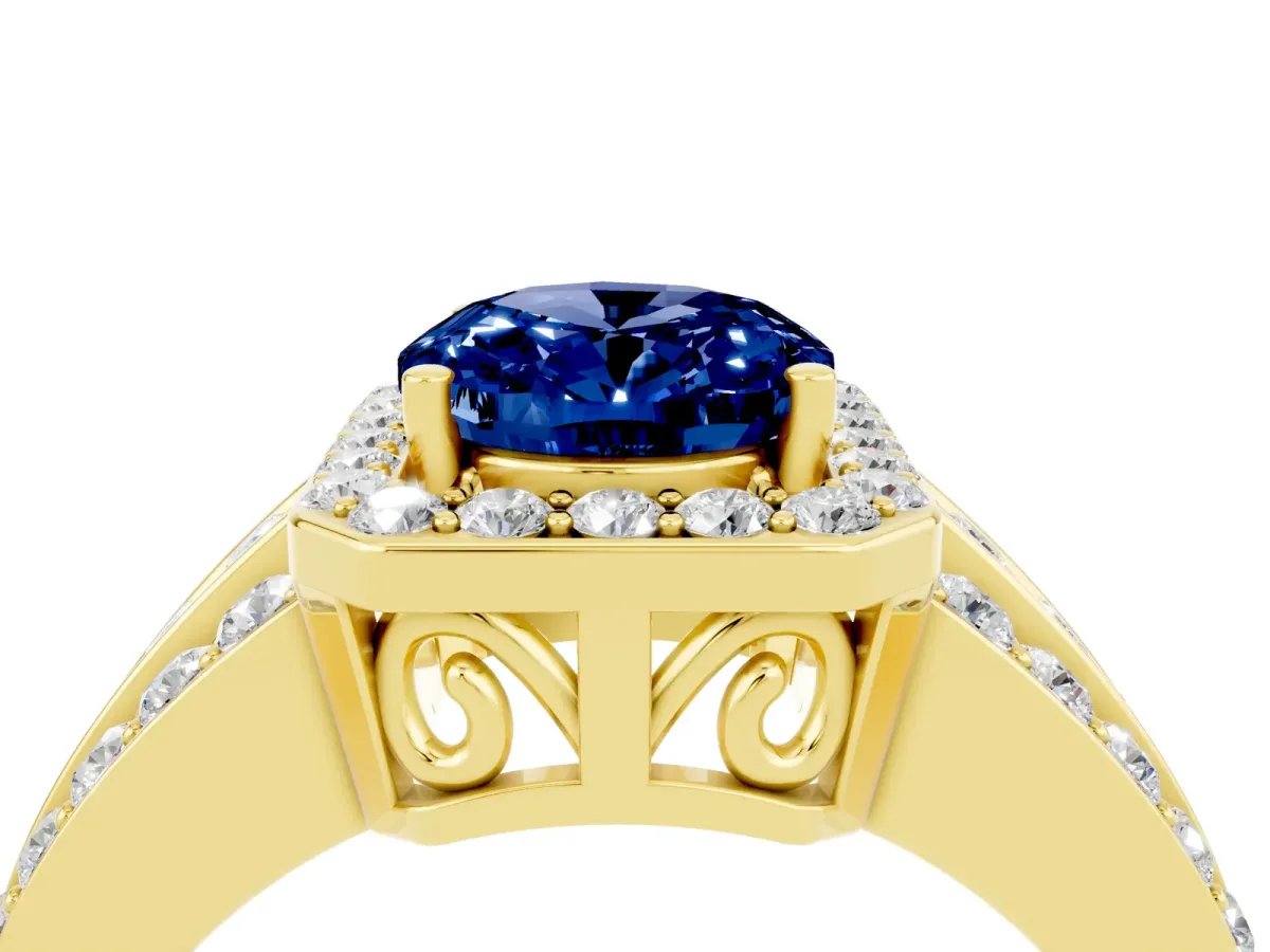 Oval Cut Halo Blue Sapphire Ring with Round Split Shank and Prong Setting Yellow gold