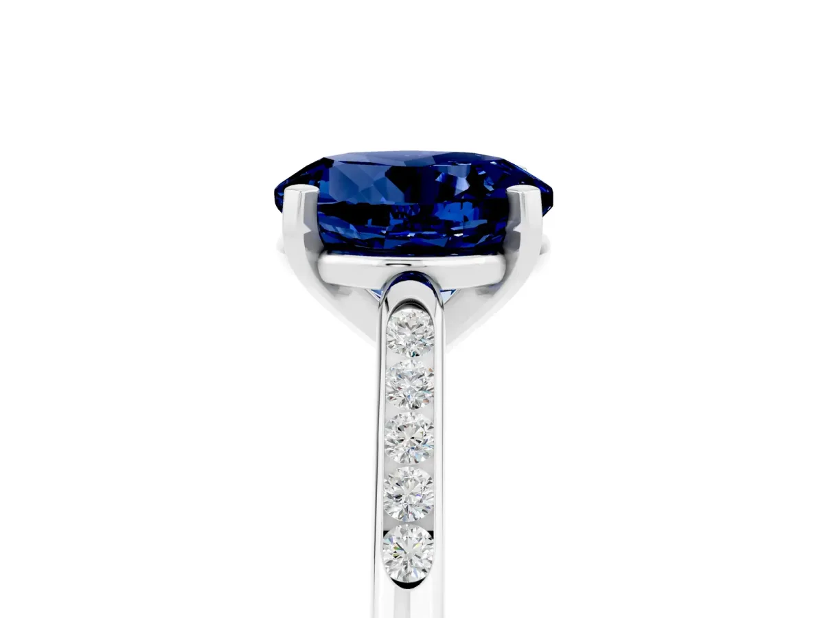 Round Cut Blue Sapphire Solitaire Ring with Channel Set Round Band and Prong Setting Silver