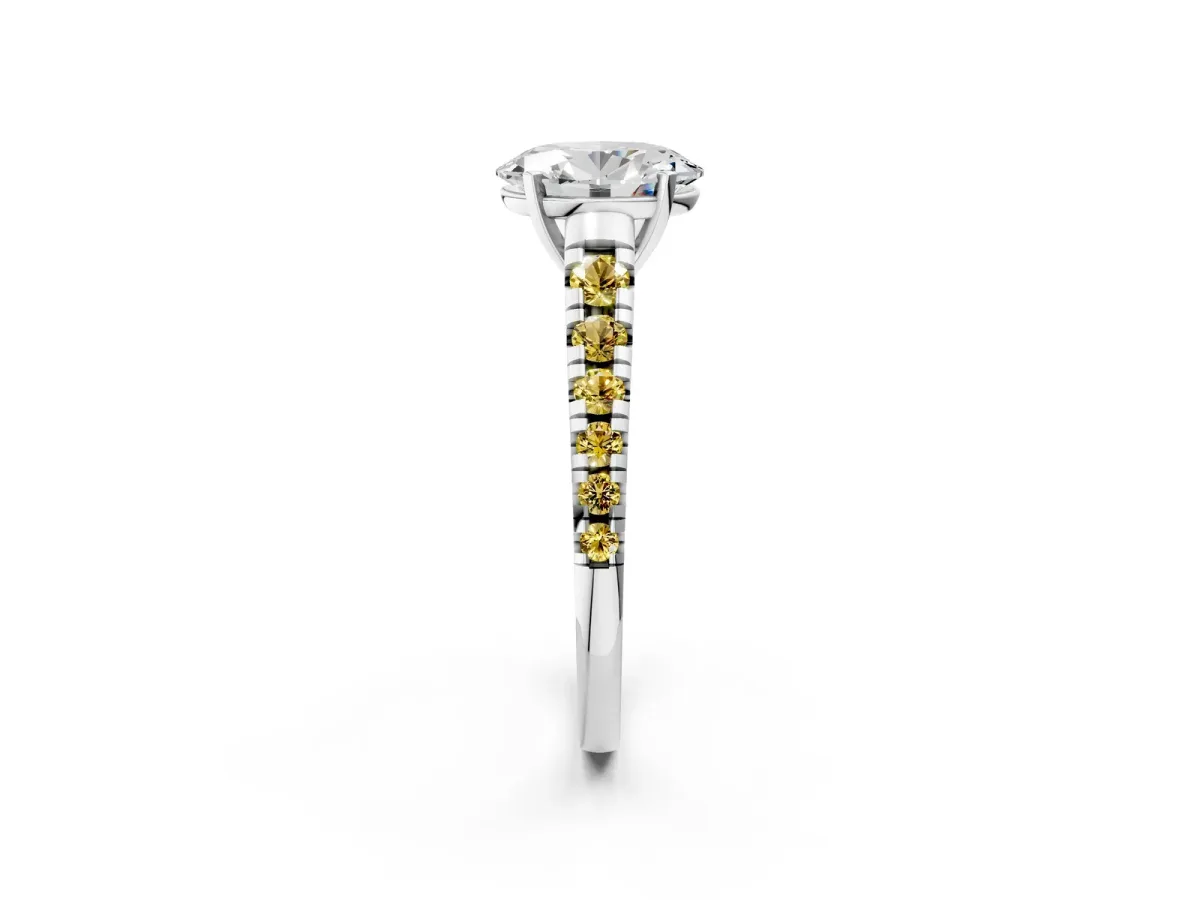 Oval Cut Diamond Cathedral Solitaire Ring with Round Yellow Sapphire Pavé Band Silver
