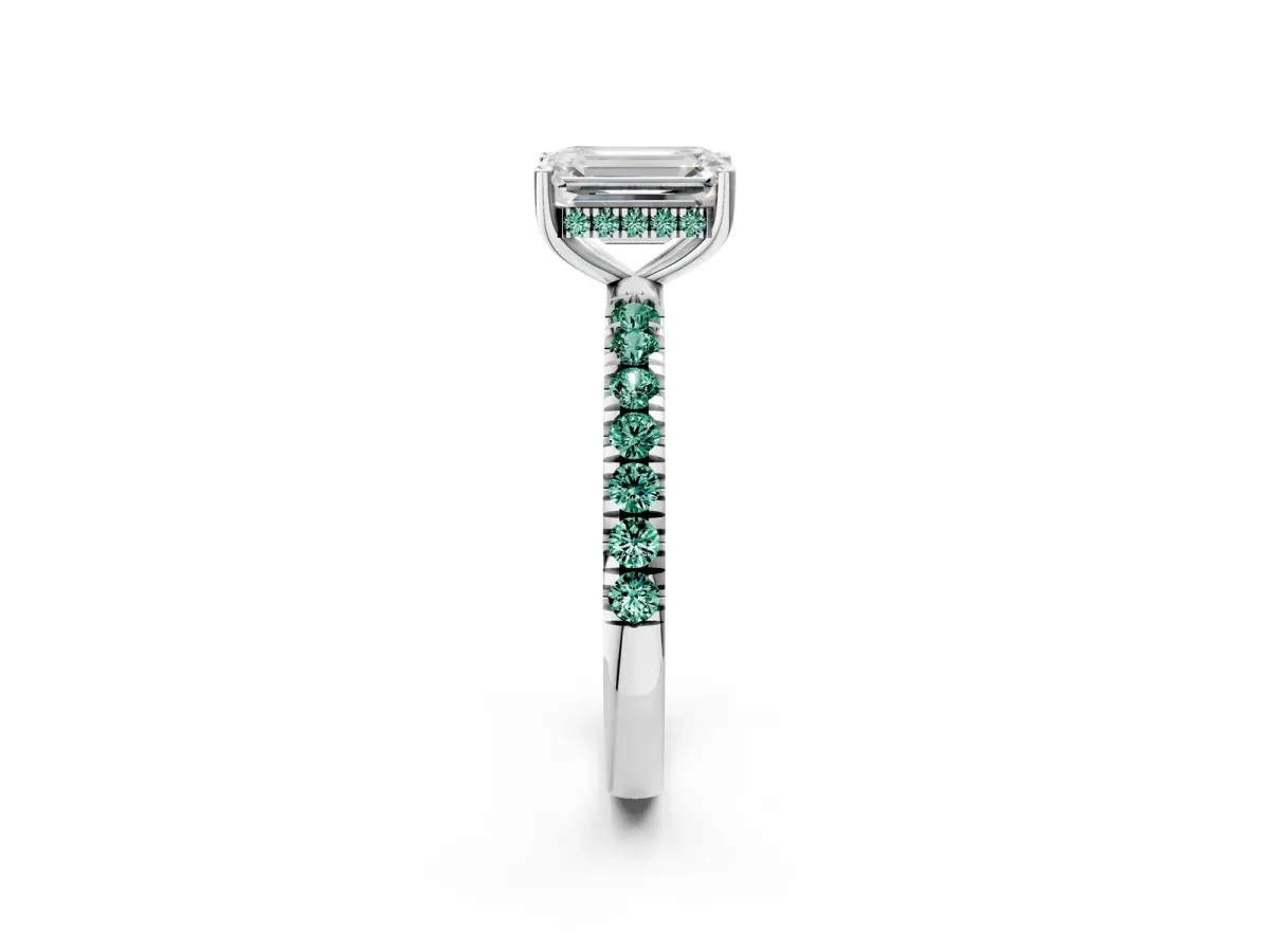 Emerald Cut Diamond Pave Band Solitaire Ring with Round Green Sapphire and Prong Setting Silver
