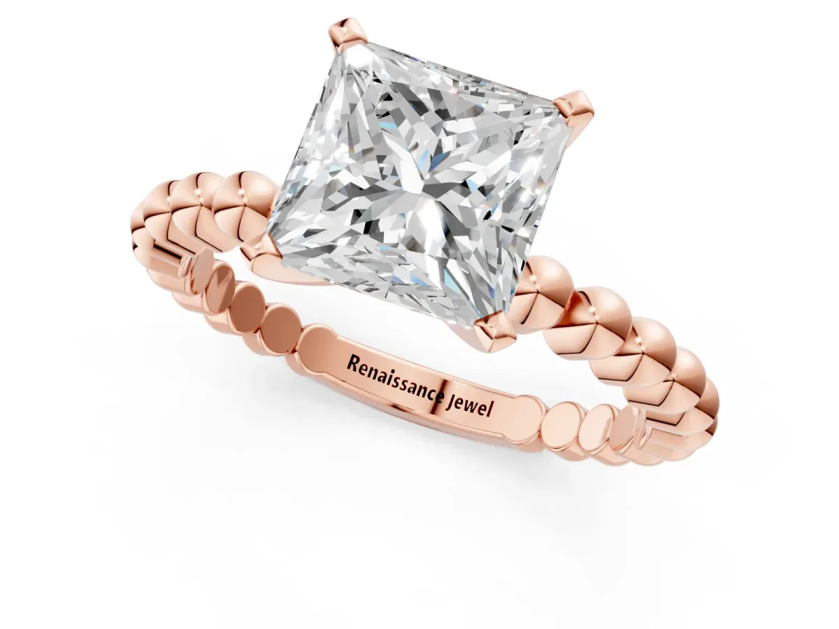 Princess Cut Diamond Solitaire Ring with Beaded Band and Prong Setting Rose gold