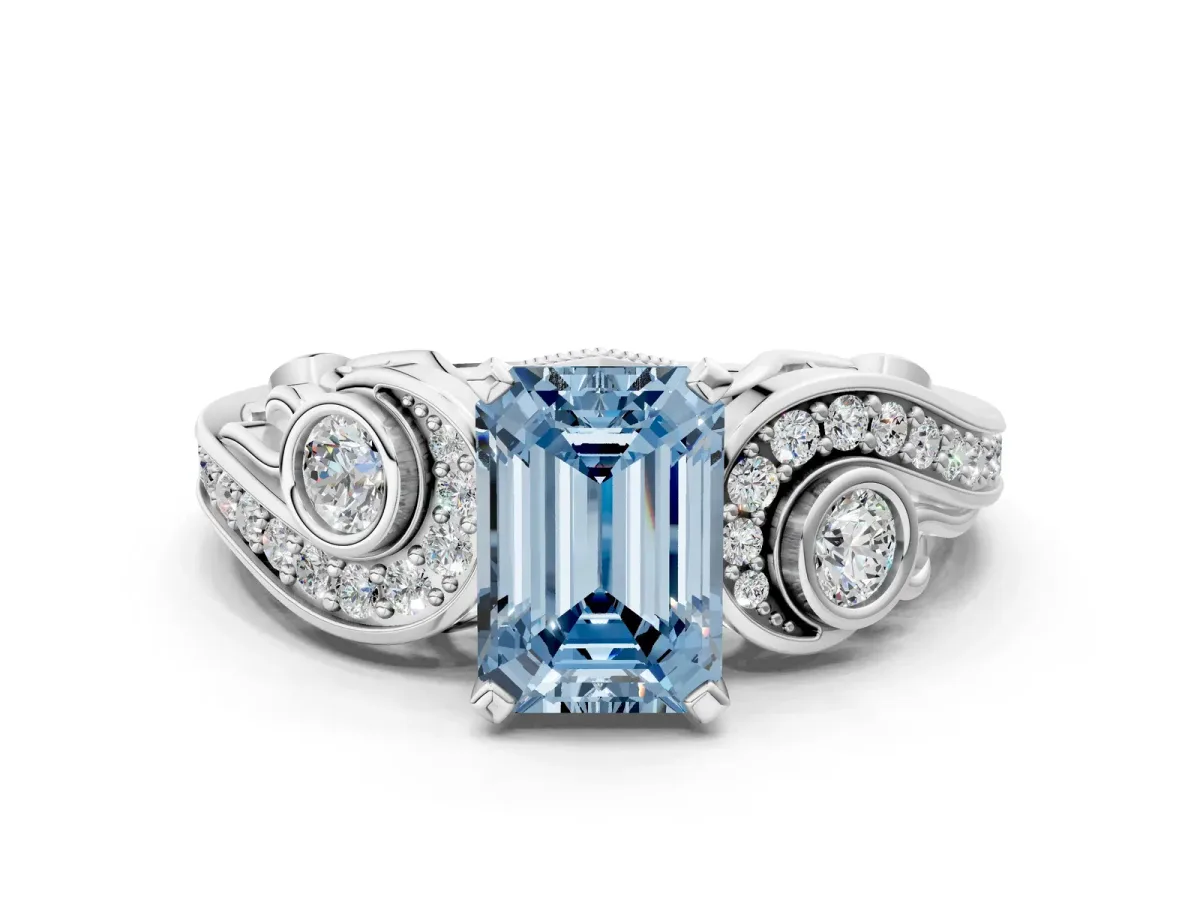 Fancy Blue Emerald Cut Diamond Solitaire Ring with Milgrain Pavé Band and Four-Prong Setting Silver
