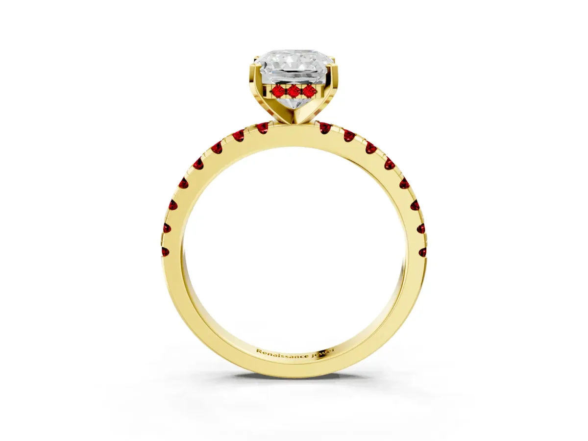 Radiant Cut Diamond Solitaire Ring with Round Ruby Pavé Band and Four-Prong Setting Yellow gold