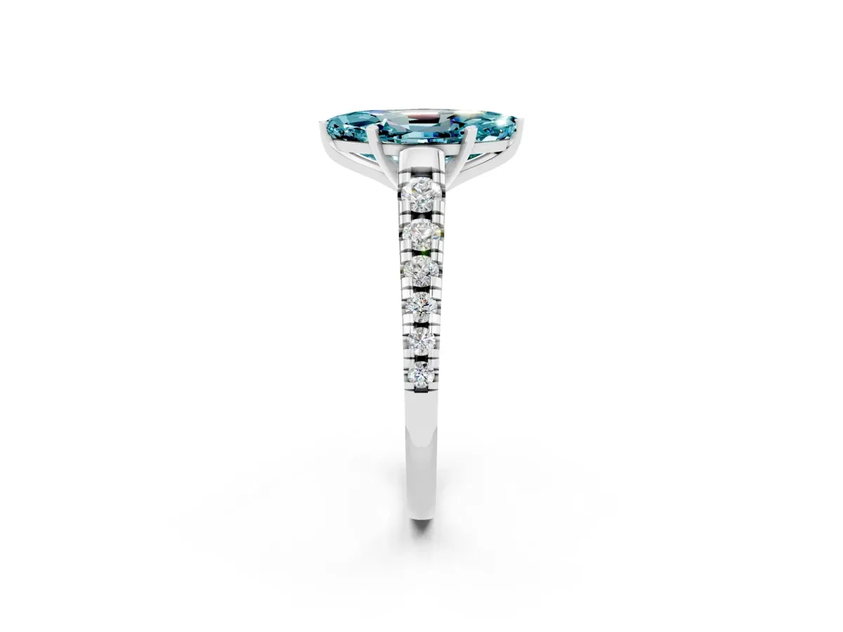 Marquise Cut Blue Topaz Cathedral Solitaire Ring with Round Pavé Band Silver