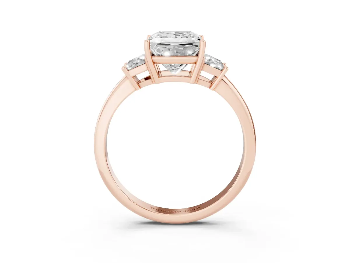 Princess Cut Diamond Three-Stone Ring with Trapezoid Side Stones and Prong Setting Rose gold