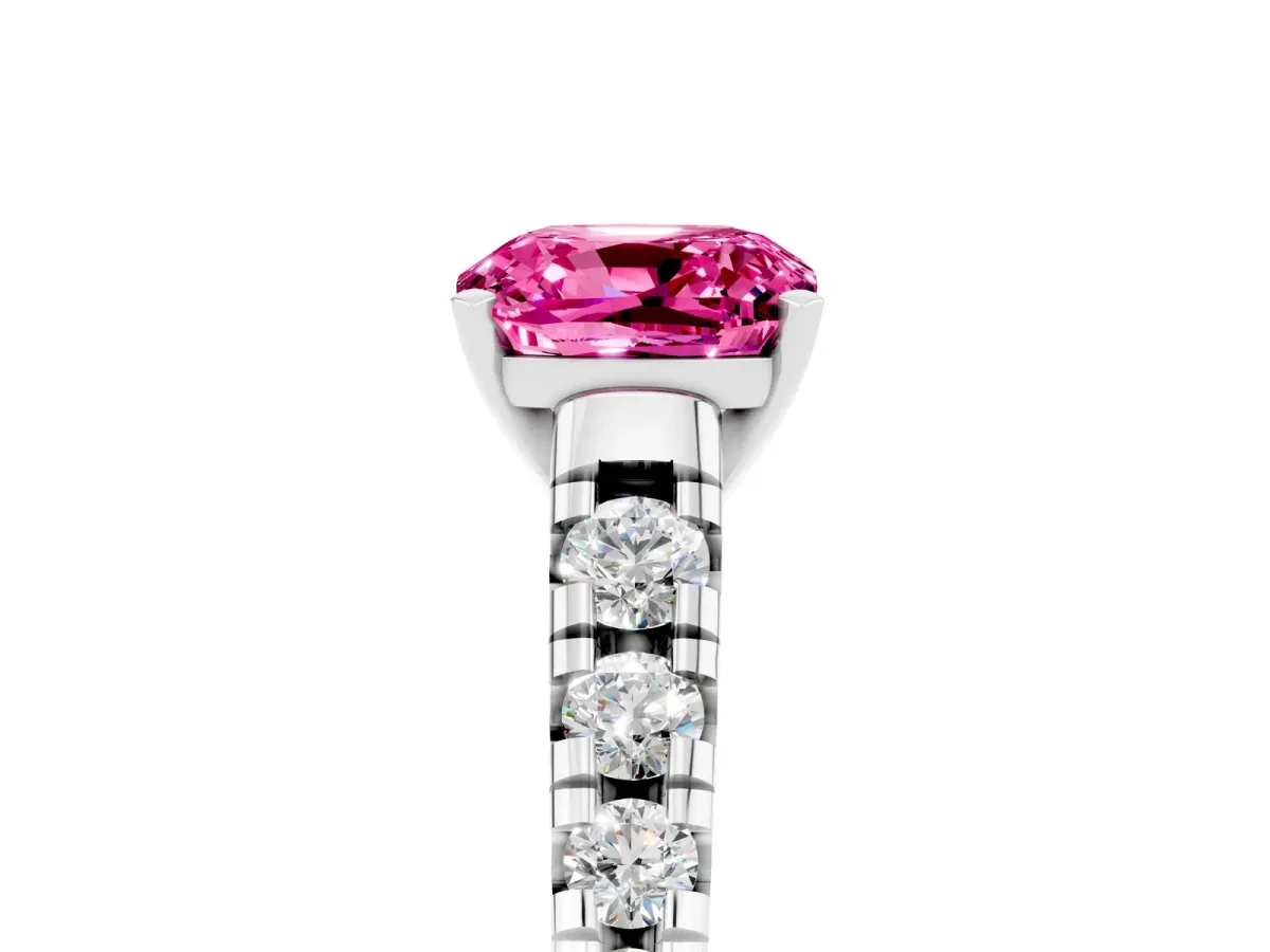 Cushion Cut Pink Sapphire Cathedral Solitaire Ring with Round Pavé Band Silver