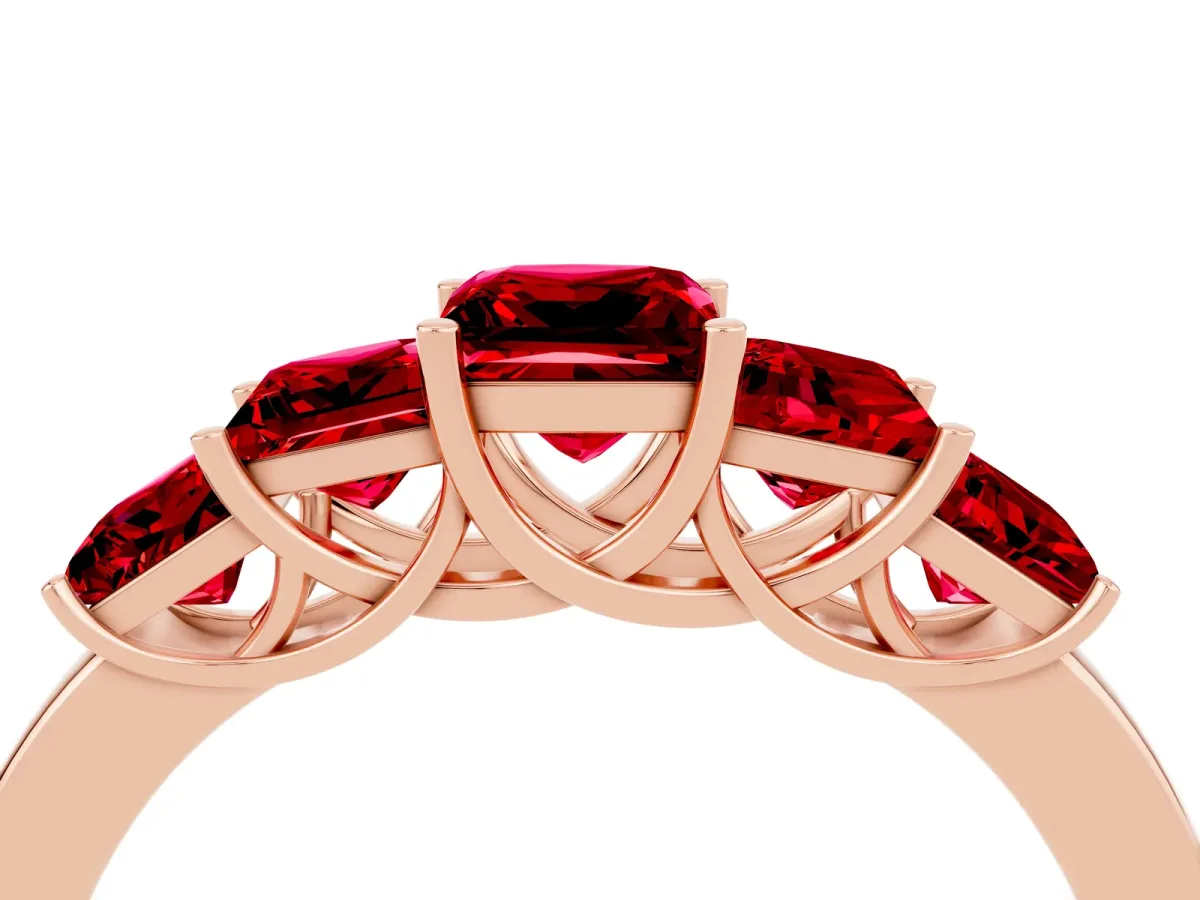 Princess Cut Five-Stone Ruby Ring with Classic Prong Setting Rose gold