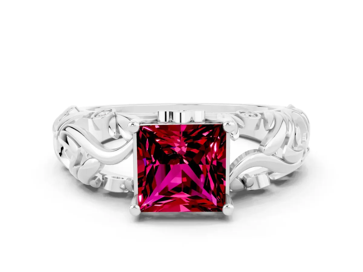 Princess Cut Solitaire Garnet Leaf-Inspired Vine Band Ring with Prong Setting White gold