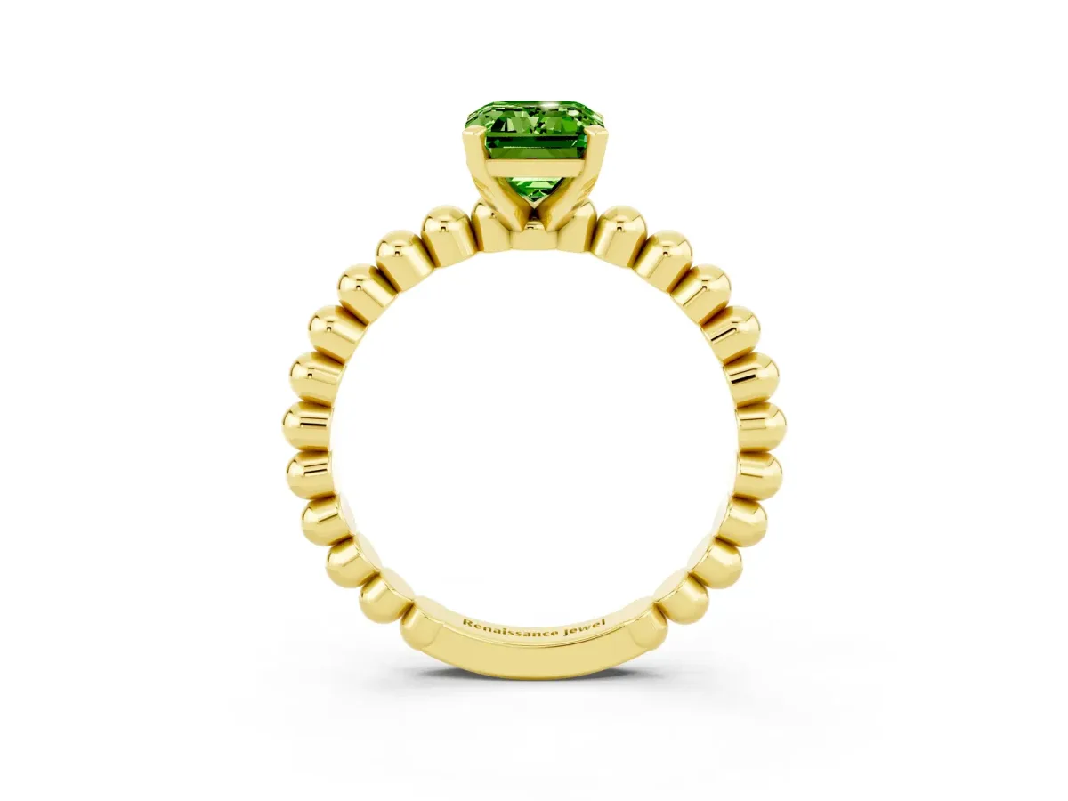 Emerald Cut Peridot Solitaire Ring with Beaded Band and Prong Setting Yellow gold