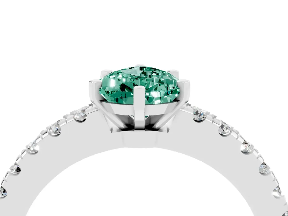 Pear Cut Solitaire Green Sapphire with Pavé Band and Four-Prong Setting Silver