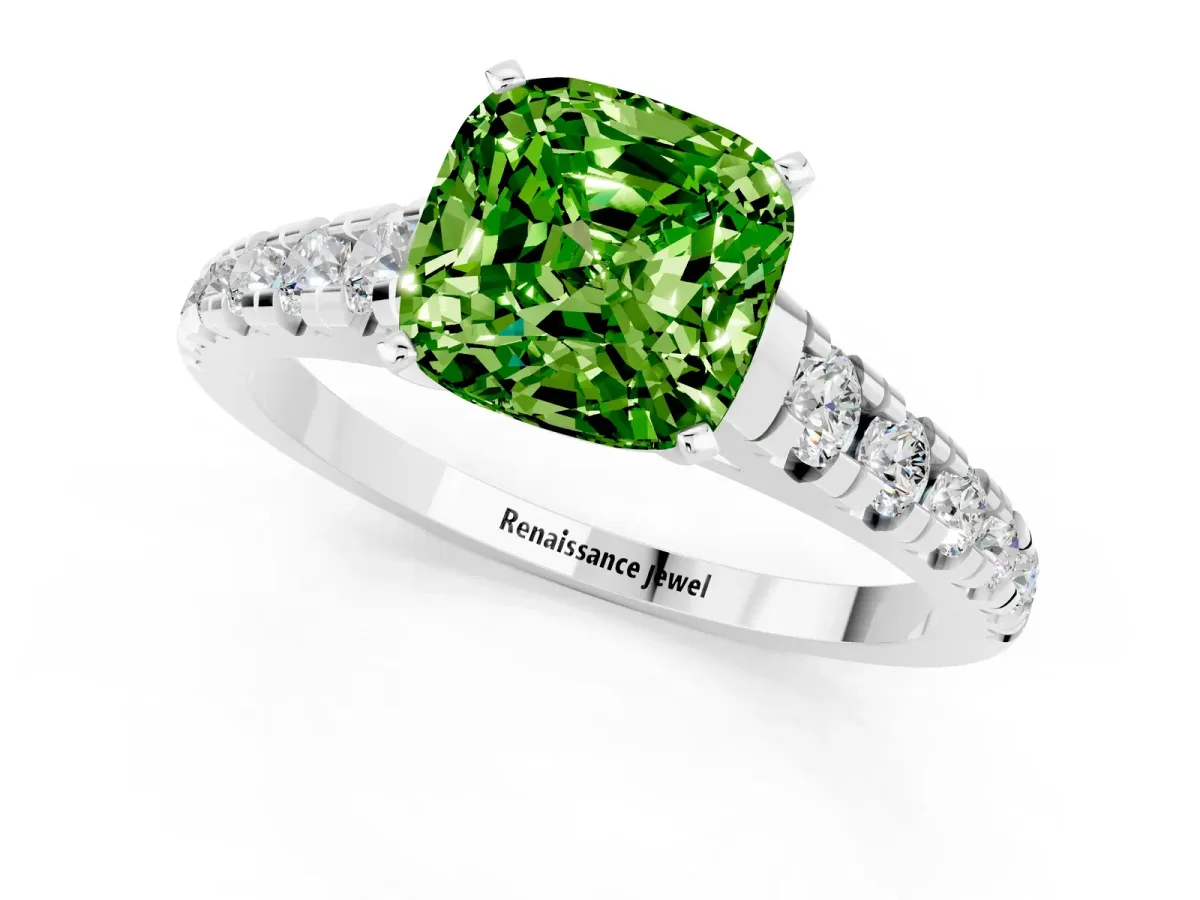 Cushion Cut Peridot Cathedral Solitaire Ring with Round Pavé Band Platinum