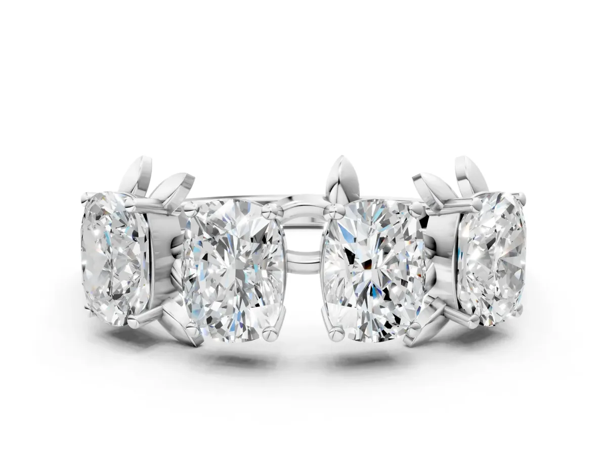 Four-Stone Elongated Cushion Diamond Band with Nature-Inspired Prong Setting Silver