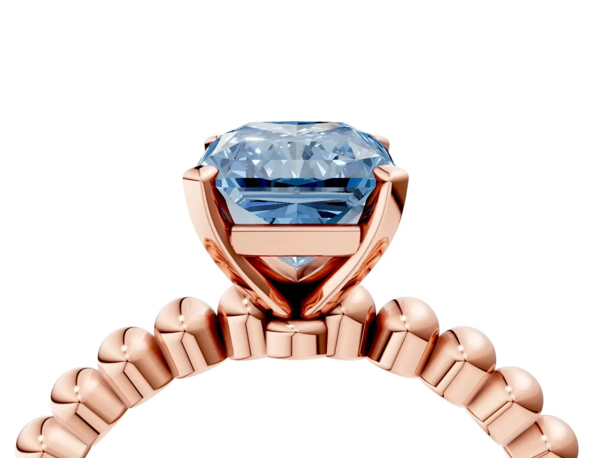 Fancy Blue Radiant Cut Diamond Solitaire Ring with Beaded Band and Prong Setting Rose gold