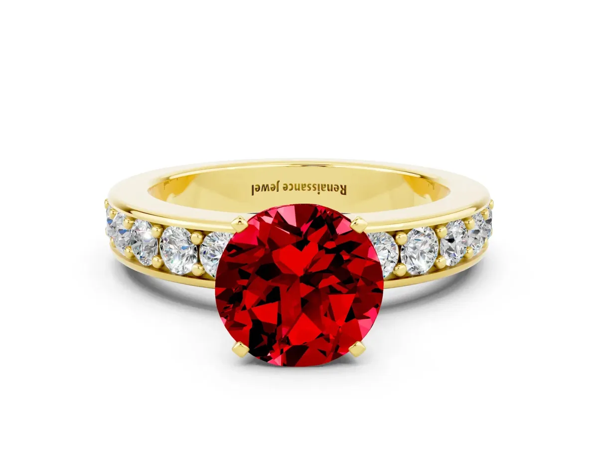 Round Cut Ruby Engagement Ring with Channel Set Round Band and Prong Setting Yellow gold
