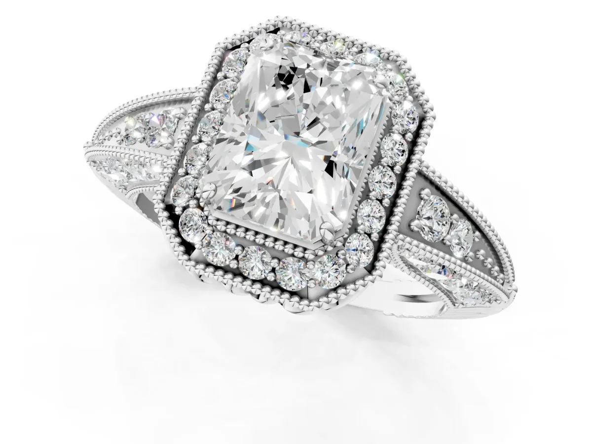 Radiant Cut Halo Diamond Split Shank Ring with Milgrain Detail Platinum
