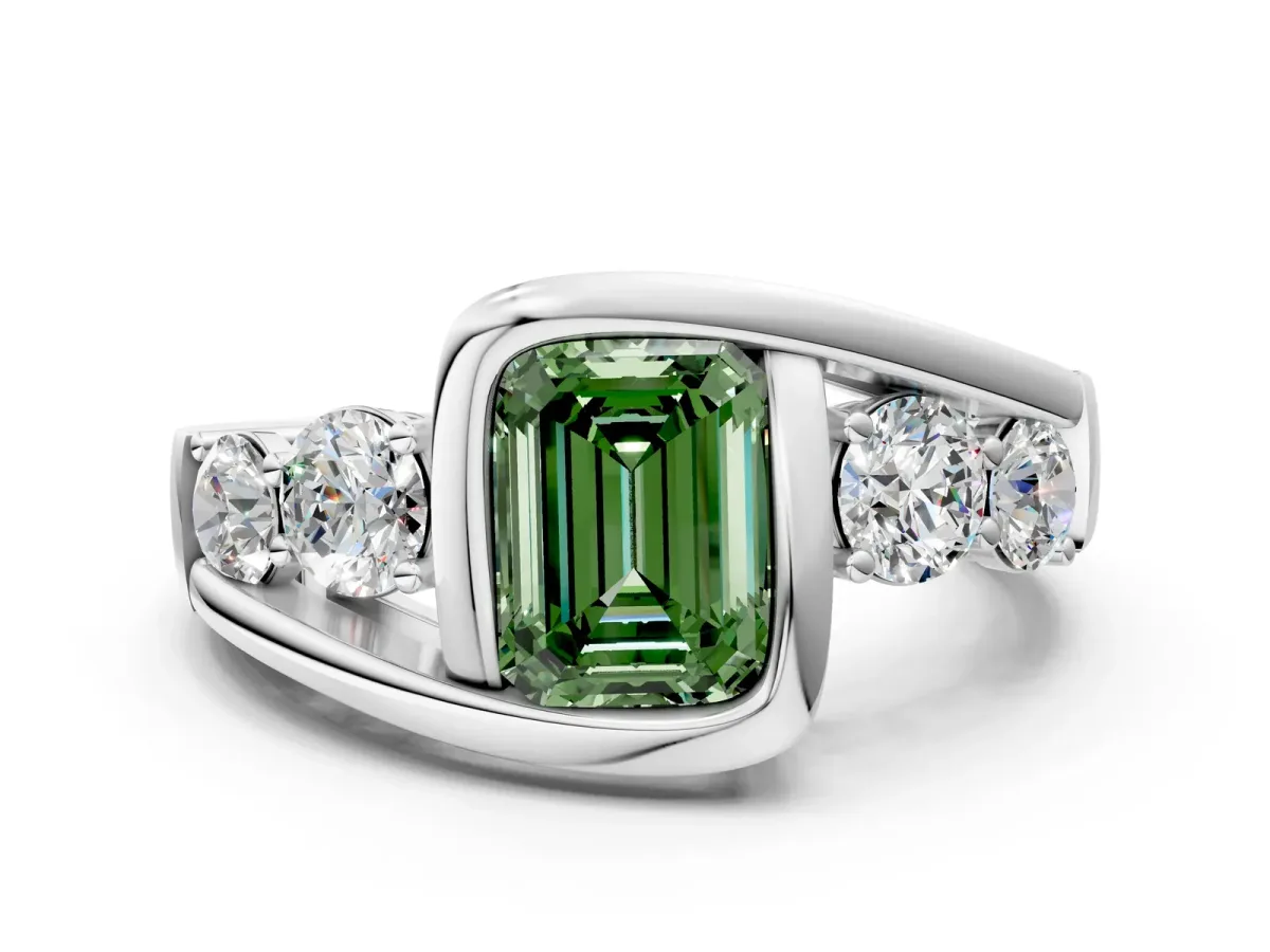 Fancy Green Bezel Set Emerald Cut Diamond Bypass Ring with Round Accents Silver