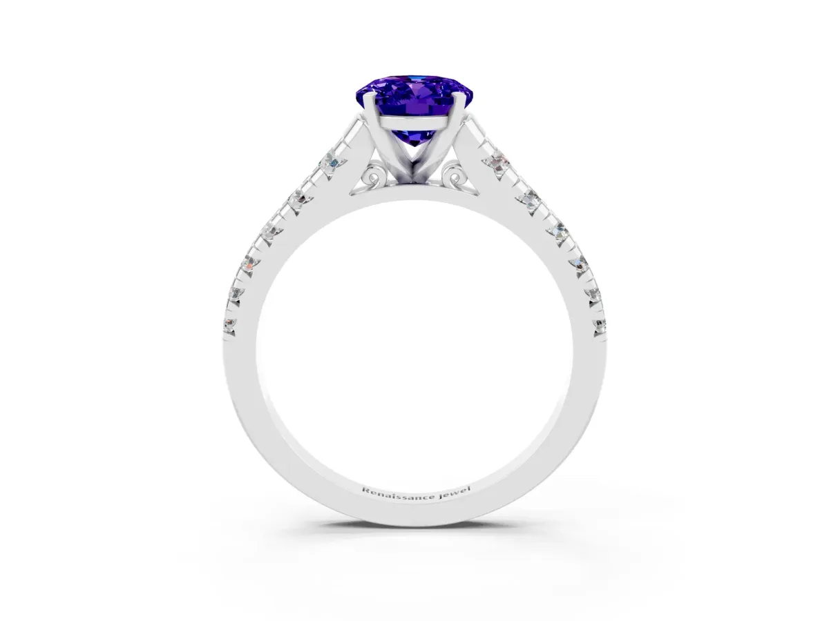 Oval Cut Tanzanite Cathedral Solitaire Ring with Round Pavé Band Silver