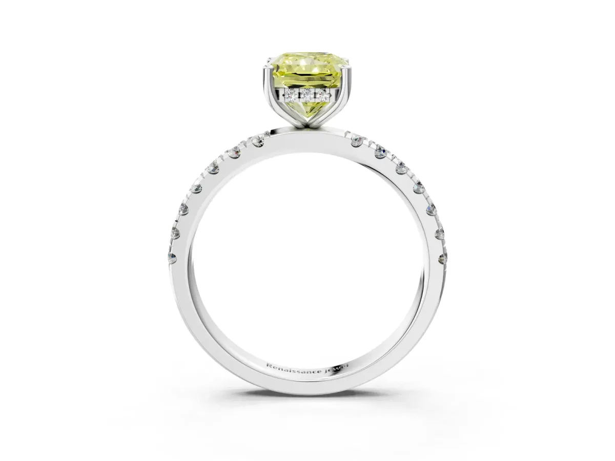 Fancy Yellow Radiant Cut Diamond Pave Band Solitaire Ring with Round and Prong Setting Silver