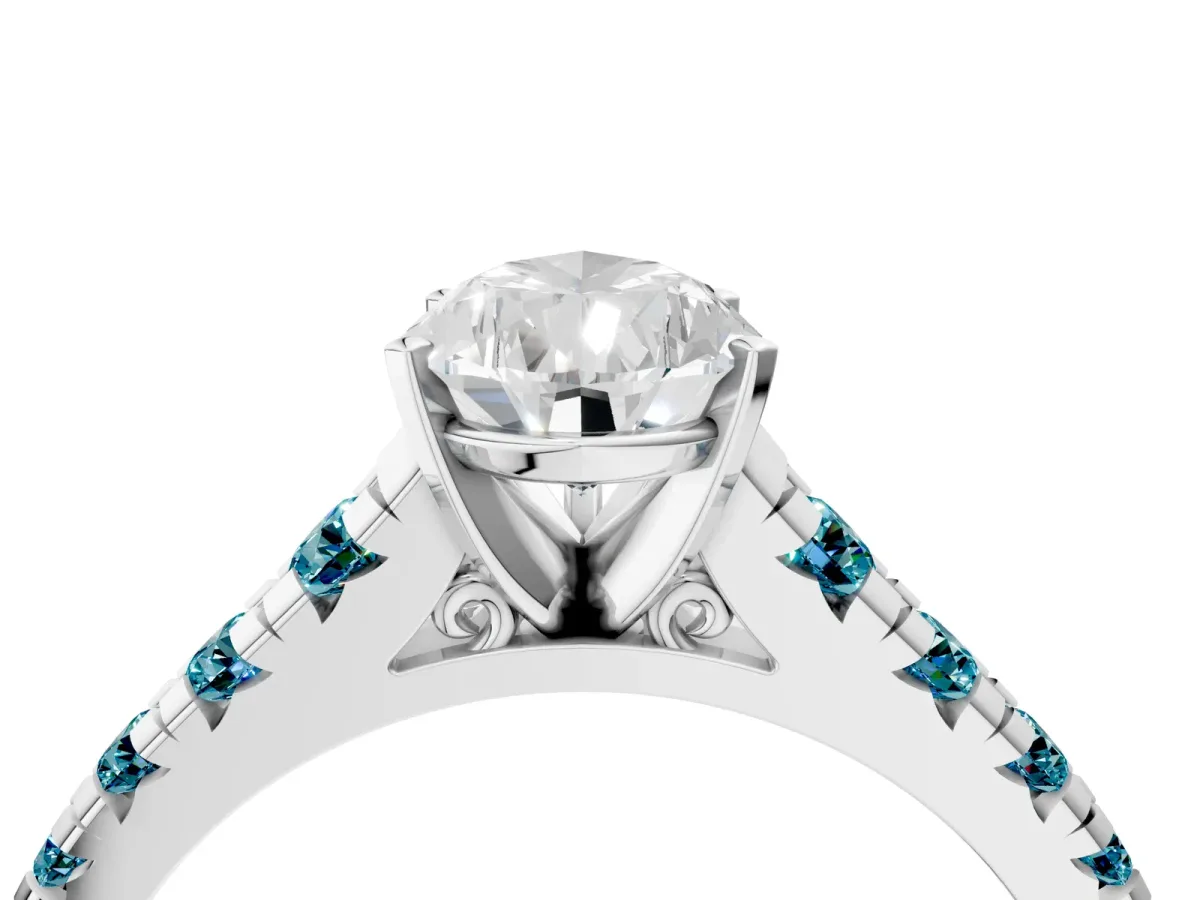 Pear Cut Diamond Cathedral Solitaire Ring with Round Blue Topaz Pavé Band Silver