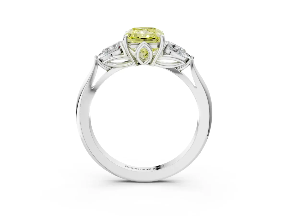 Fancy Yellow Three-Stone Radiant Cut Diamond Ring with Pear Side Stones in Four-Prong Setting Platinum