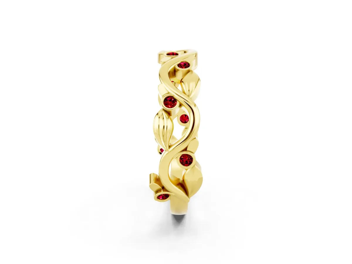 Round Ruby Leaf Eternity Band with Bezel Setting Yellow gold
