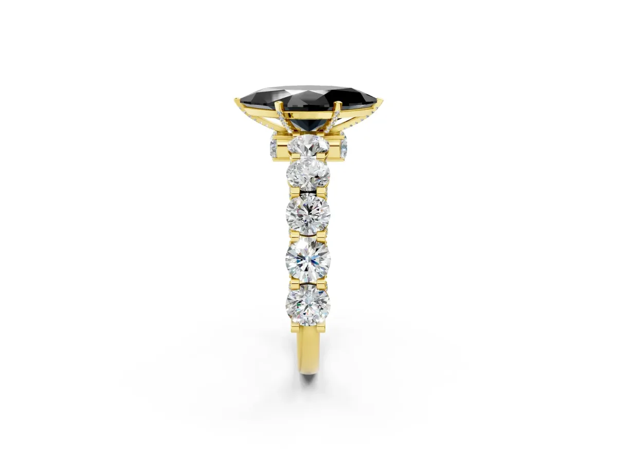 Fancy Black Marquise Cut Diamond Side Stone Engagement Ring with Four-Prong Setting Yellow gold