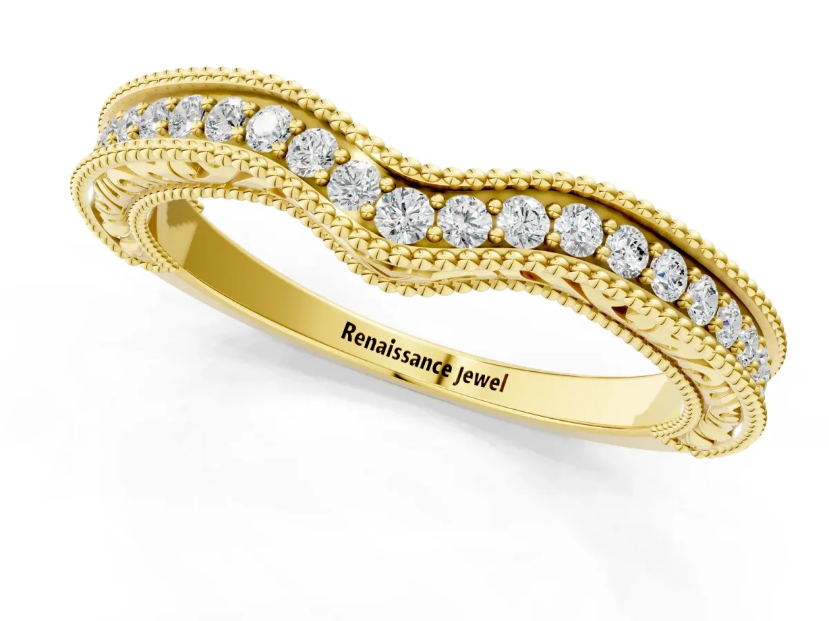 Pave Round Diamond Curved Milgrain Band Yellow gold